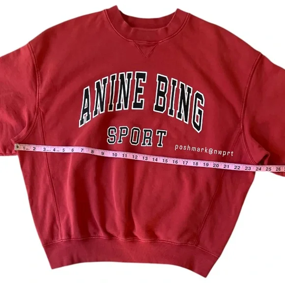 ANINE BING ♥️ Sport Jaci Graphic Logo Sweatshirt Pullover Red Black S Small - Picture 12 of 15
